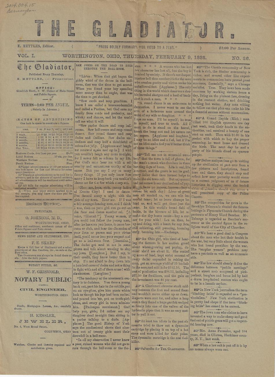 Gladiator Newspaper from February 9th, 1888