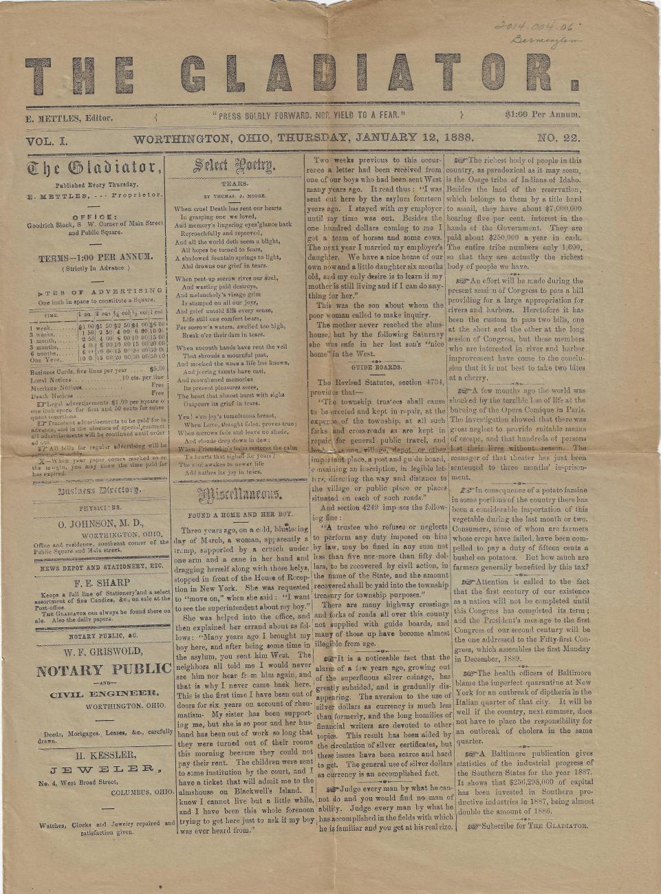 Gladiator Newspaper from January 12, 1888