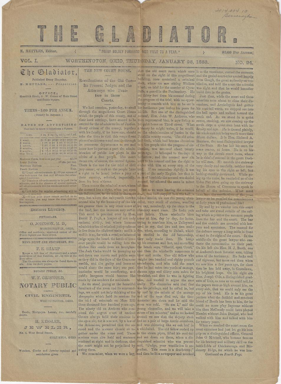 Gladiator Newspaper from January 26, 1888