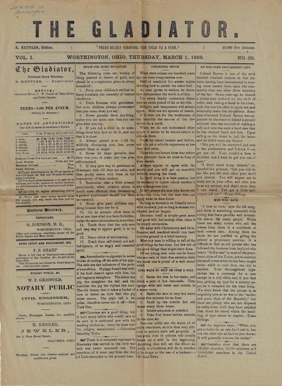 Gladiator Newspaper from March 1st, 1888