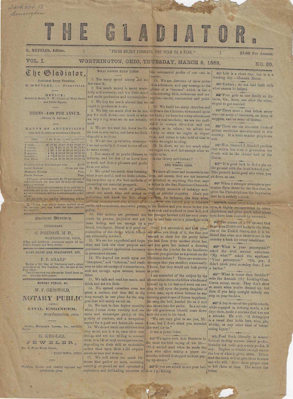Gladiator Newspaper from March 8th, 1888