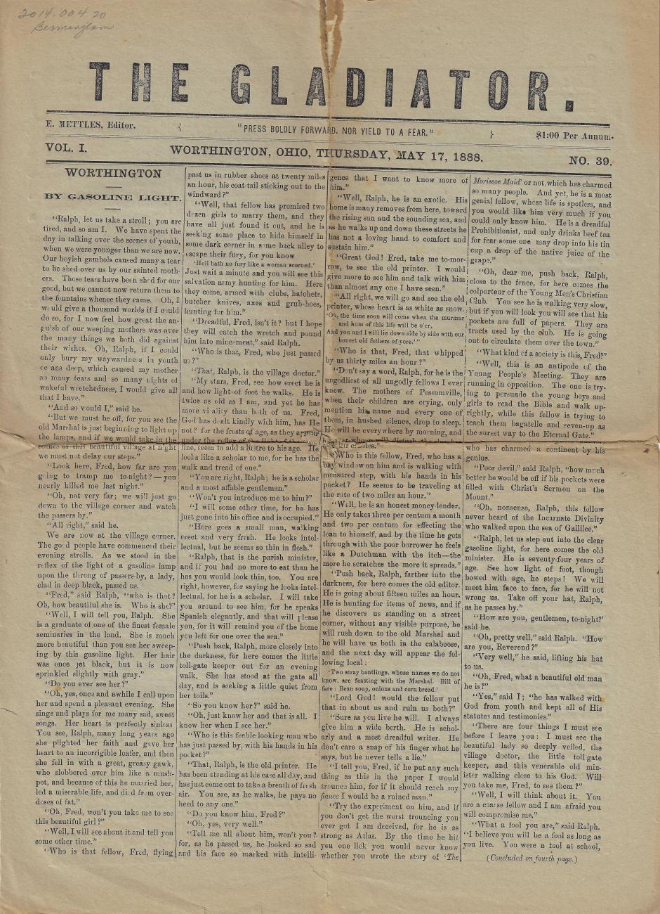 Gladiator Newspaper from May 17th, 1888