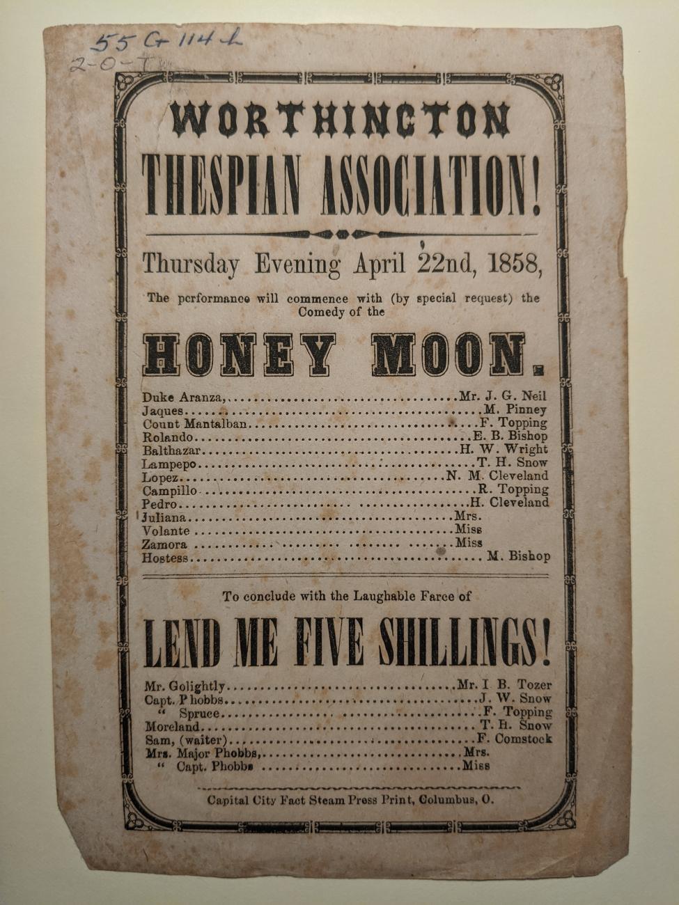 Handbill for Worthington Thespian Association 1858 Production