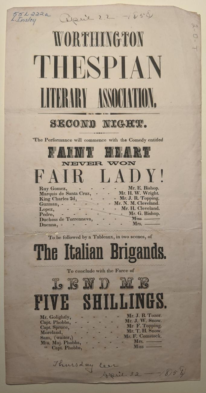 Handbill for Worthington Thespian Literary Association Program, 1858
