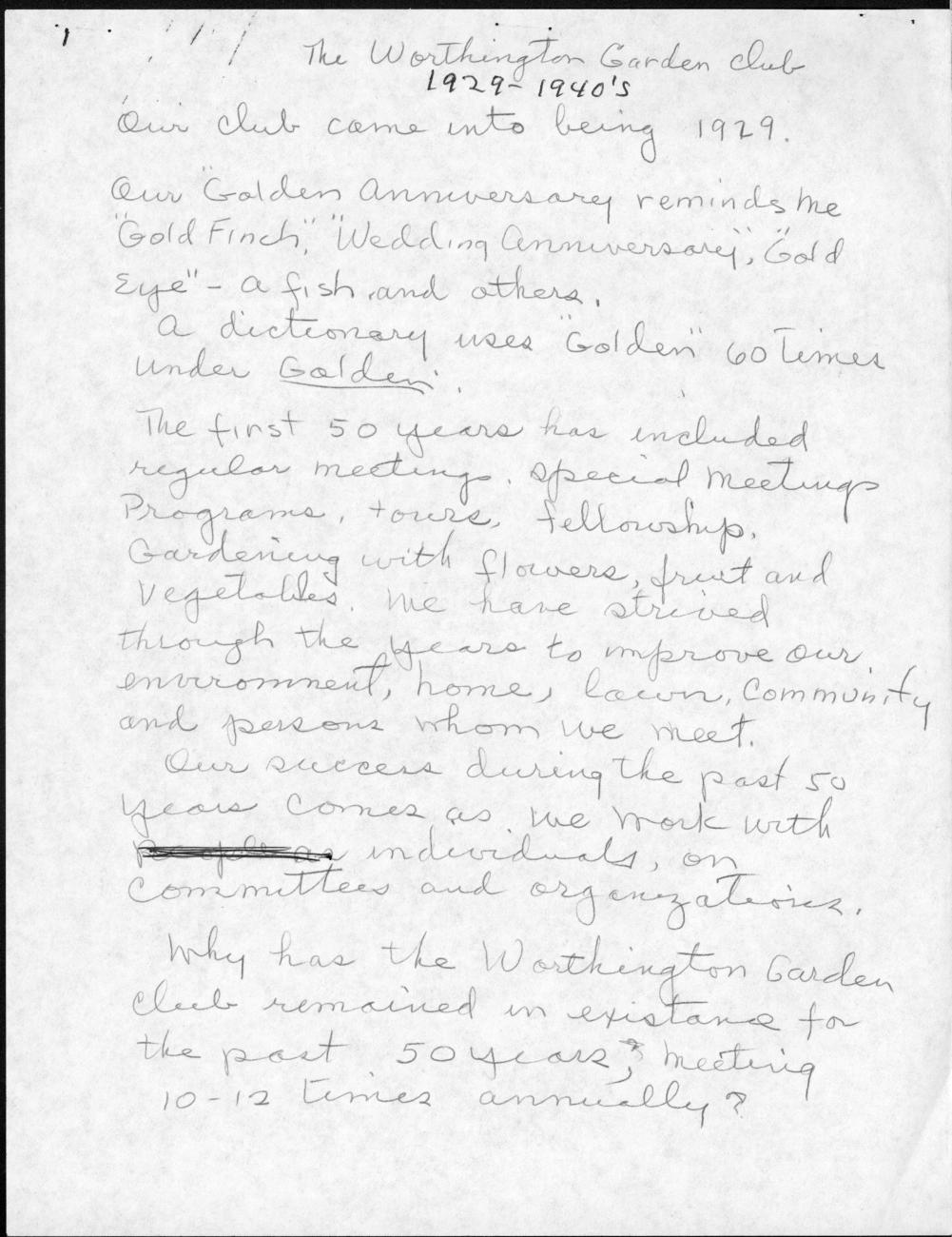 Handwritten History of Worthington Garden Club