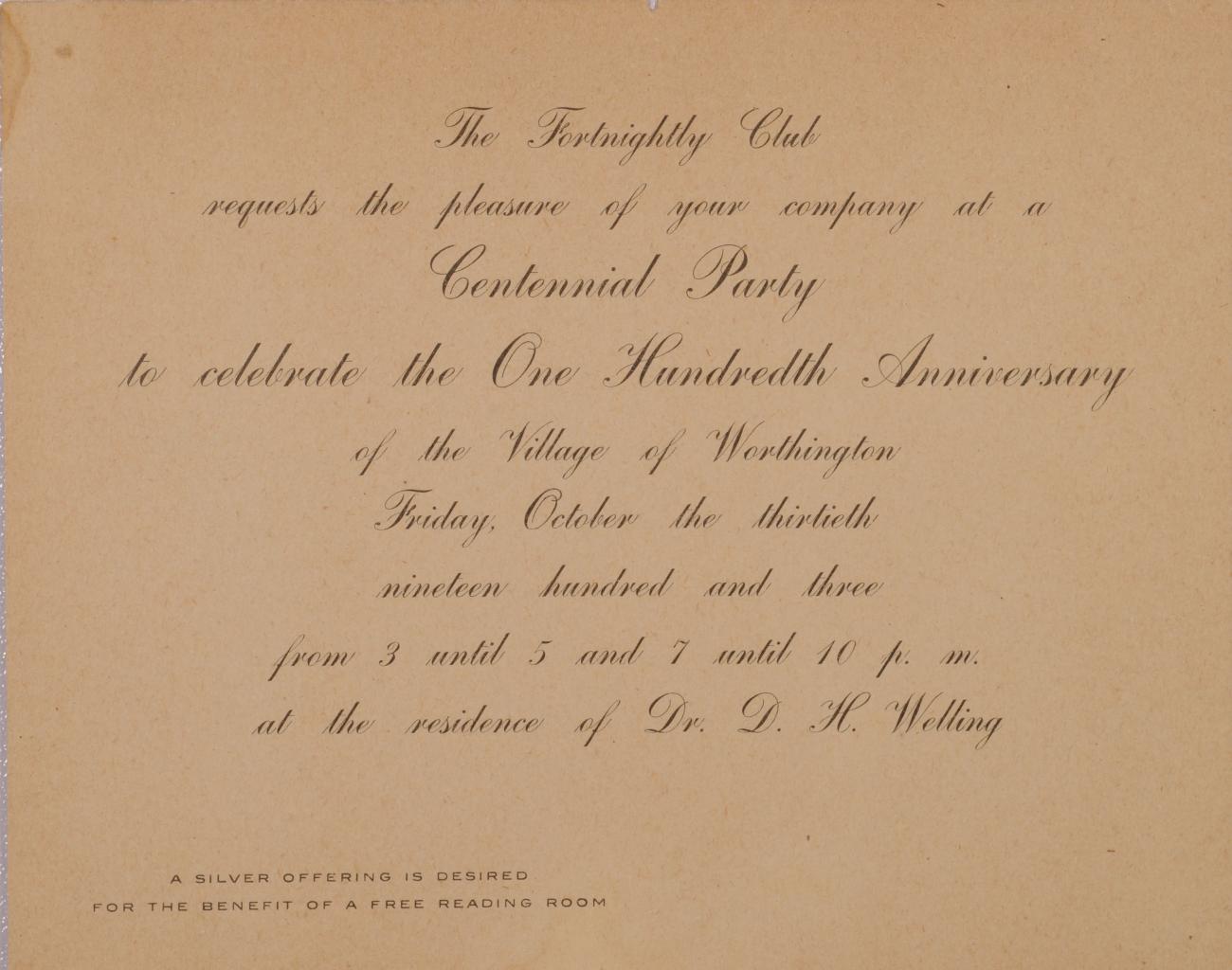 Invitation to the Fortnightly Club's Centennial Party