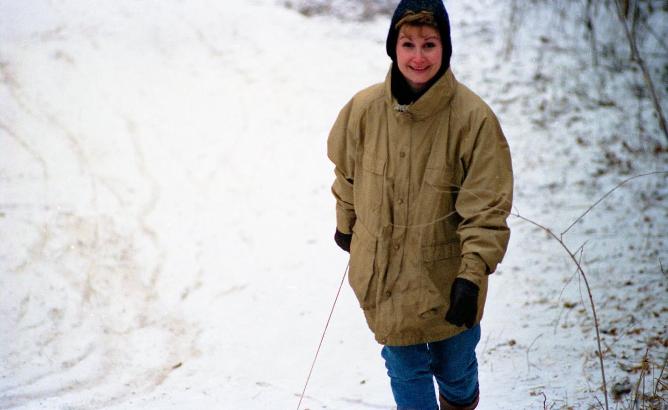 Leslie Fetzer Walking Up "Devil's Hill" Sled Run