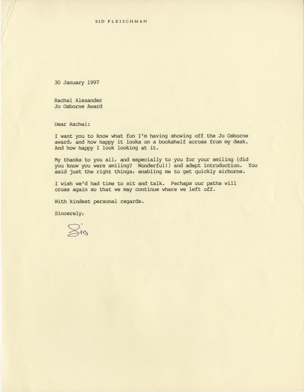 Letter from Author Sid Fleischman to Rachel Alexander