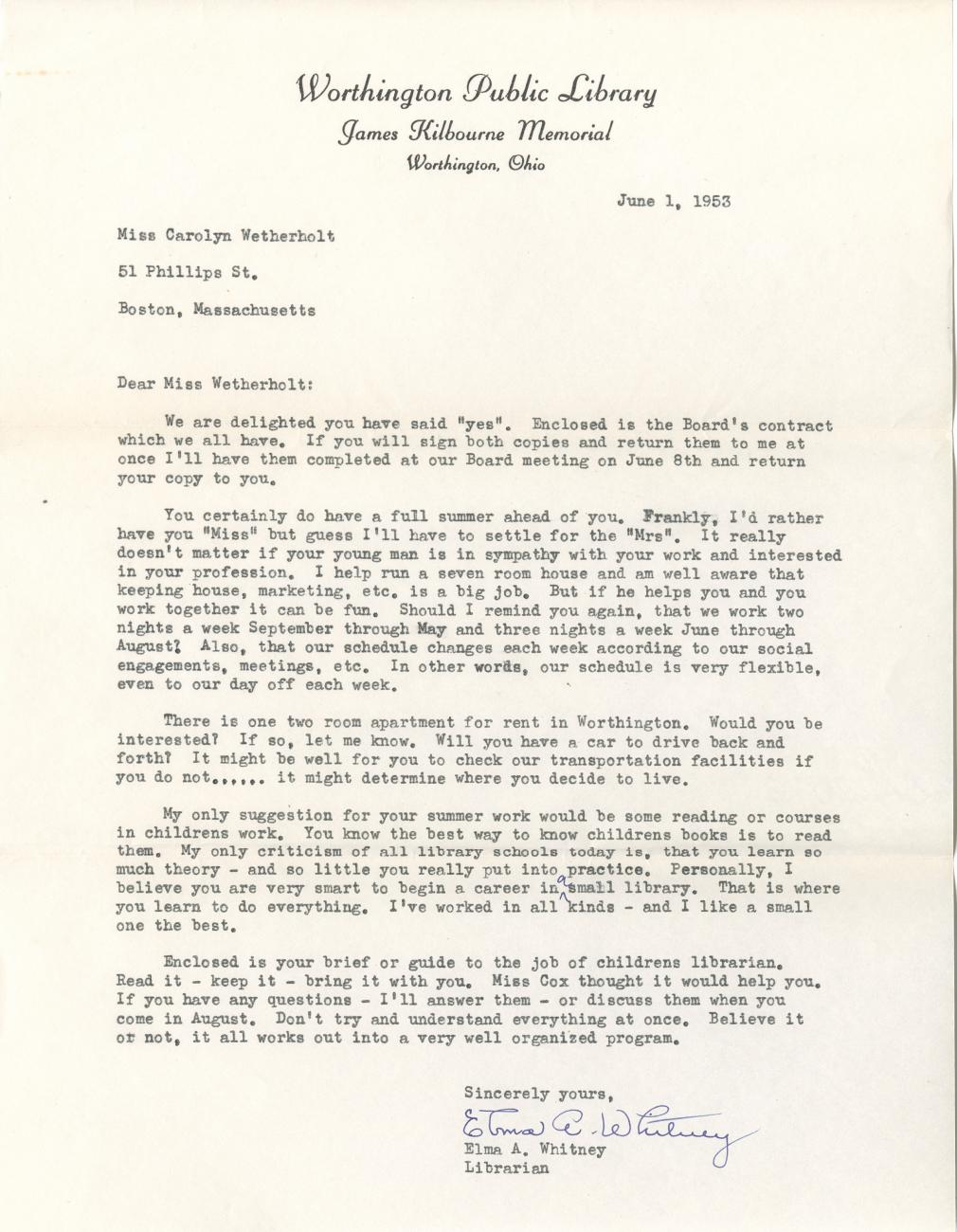 Letter from Elma Whitney to Carolyn Wetherholt, June 1, 1953