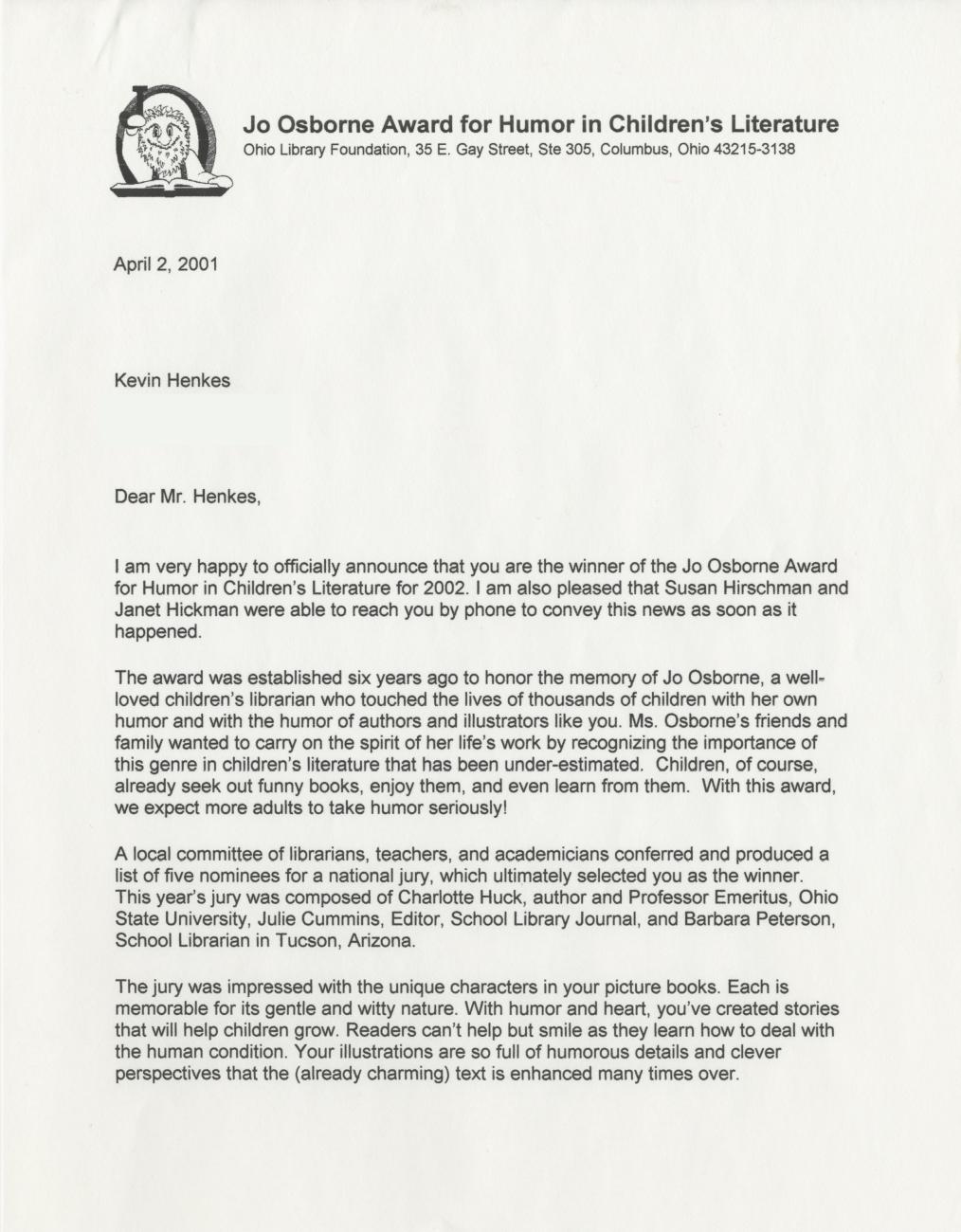 Letter from Rachel Alexander to Kevin Henkes Announcing His Win of the Jo Osborne Award