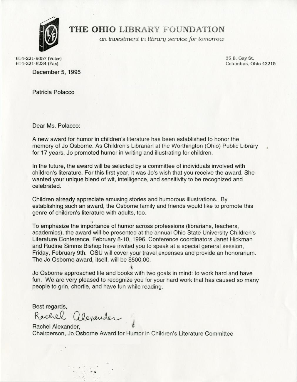 Letter from Rachel Alexander to Patricia Polacco