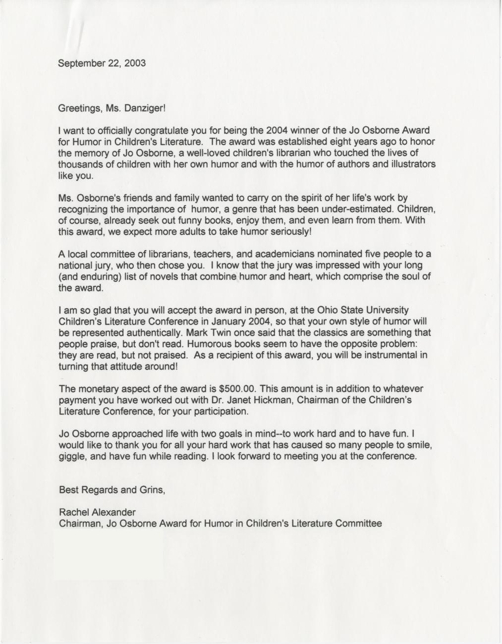 Letter from Rachel Alexander to Paula Danziger Announcing Her Win of the Jo Osborne Award