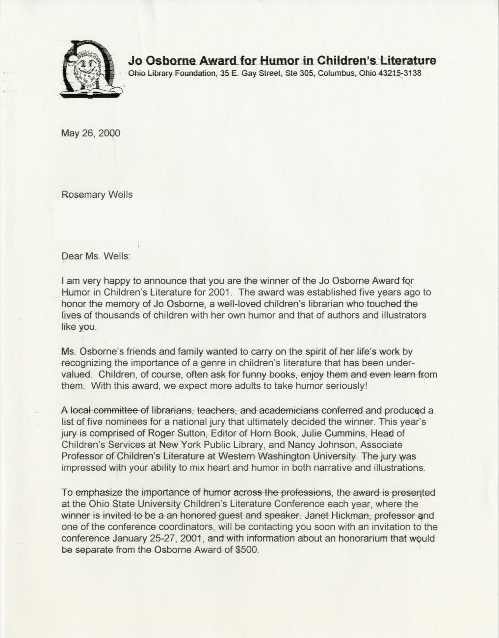 Letter from Rachel Alexander to Rosemary Wells Announcing Her Win of the Jo Osborne Award