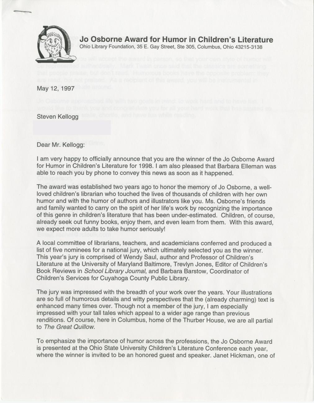 Letter from Rachel Alexander to Steven Kellogg