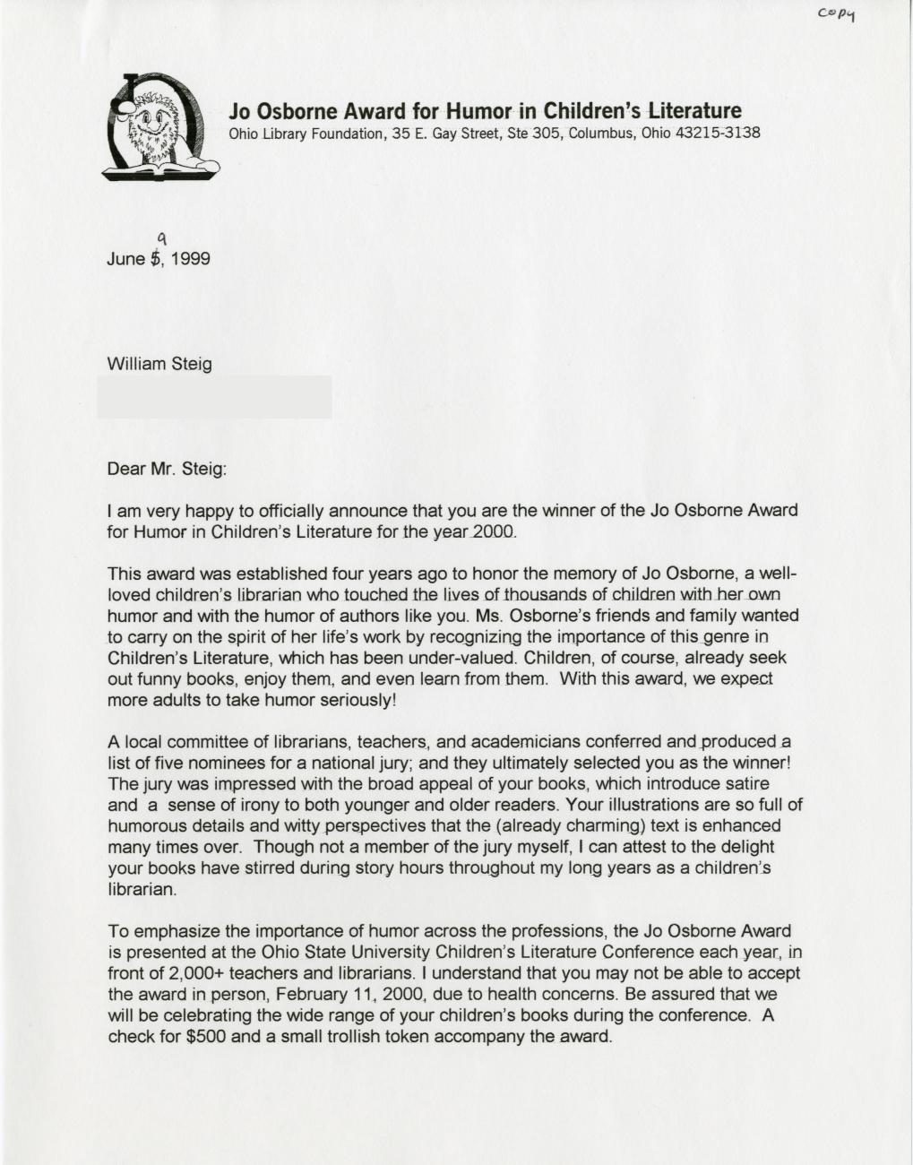 Letter from Rachel Alexander to William Steig Announcing His Win of the Jo Osborne Award