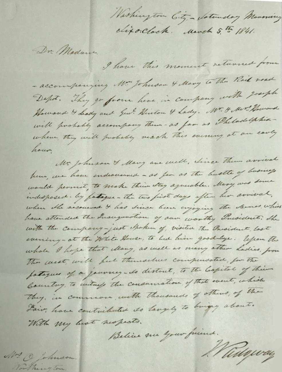 Letter to Achsa Johnson from Joseph Ridgway of Washington City