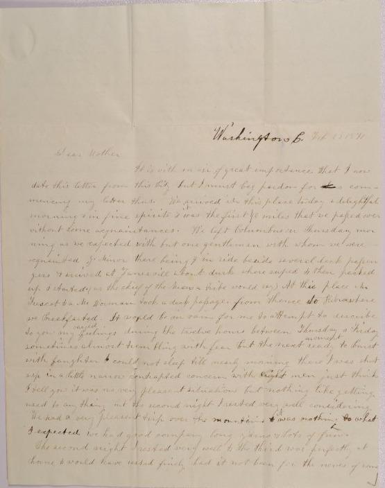 Letter to Achsa Johnson of Worthington, Ohio from Mary Johnson in Washington City