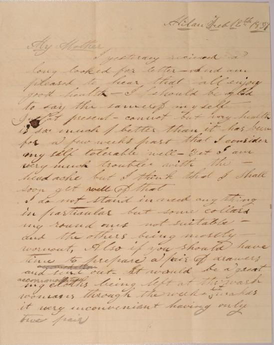 Letter to Achsa Johnson of Worthington, Ohio from William Johnson of Milan, Ohio
