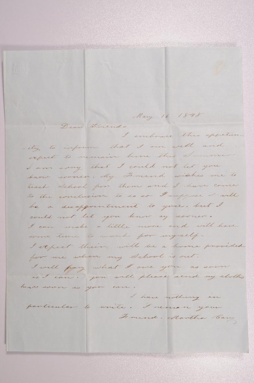Letter to Achsa (Maynard) Johnson from Former Boarder, Martha Cary, Concerning Payment