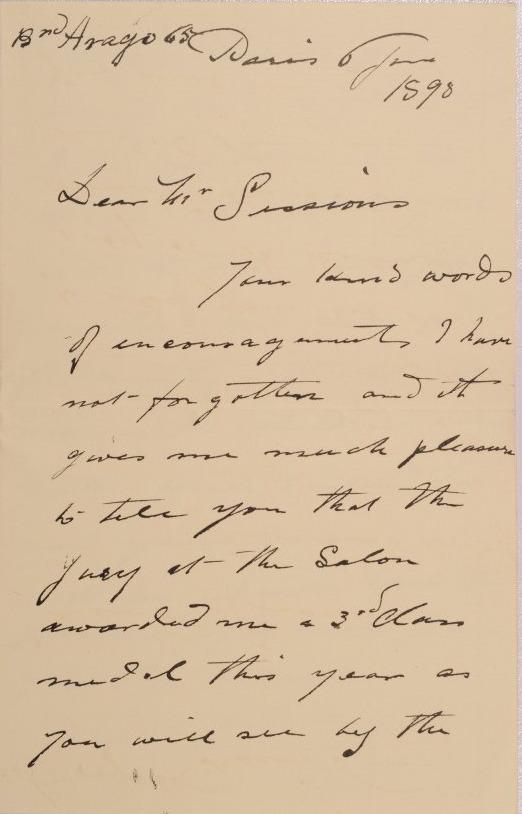Letter to F.C. Sessions of Columbus, Ohio from Paul Peel of Paris