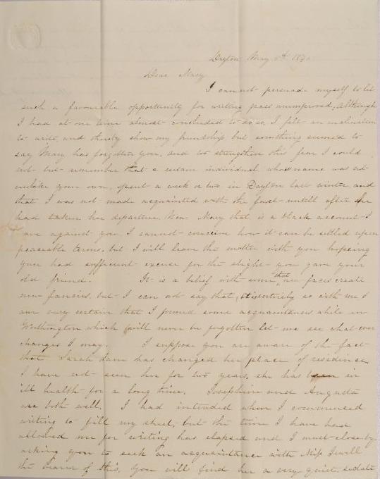 Letter to Mary D. Johnson of Worthington, Ohio from Ellen [Parrott] of Dayton, Ohio
