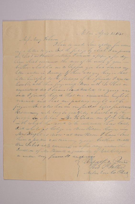 Letter to Mary Johnson of Worthington, Ohio from Thomas S. Fuller of Milan, Ohio