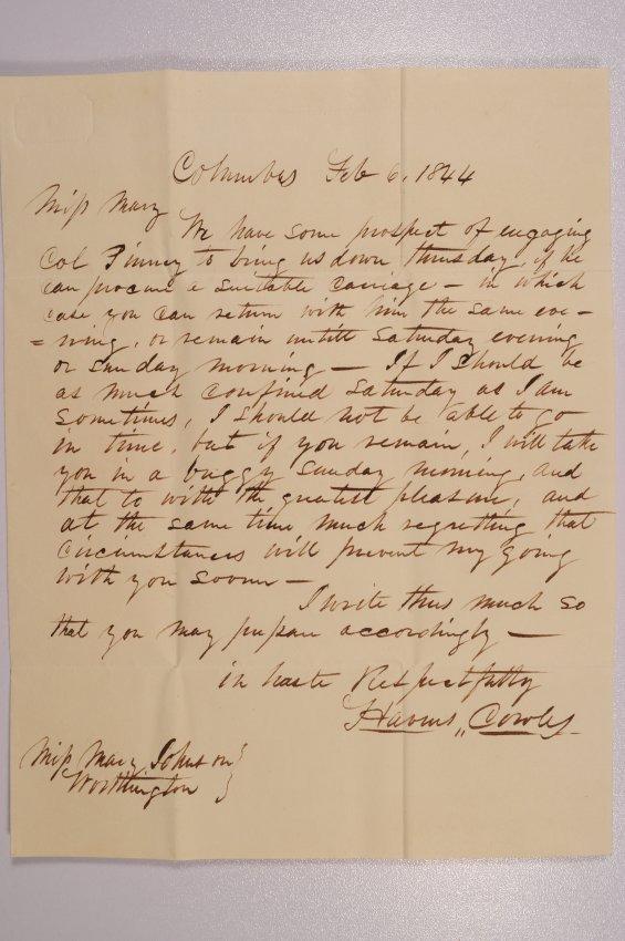 Letter to Mary Johnson of Worthington, Ohio from Havens Cowles of Columbus, Ohio