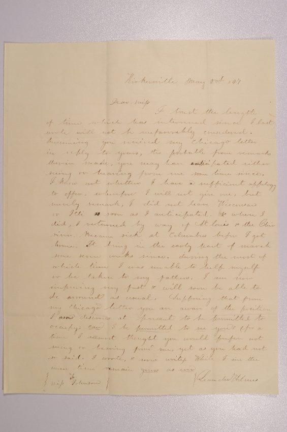 Letter to Mary Johnson of Worthington, Ohio from Leander Holmes in Kirkersville
