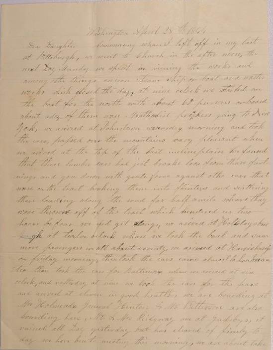 Letter to Mary Johnson of Worthington, Ohio from Orange Johnson in Washington D.C.