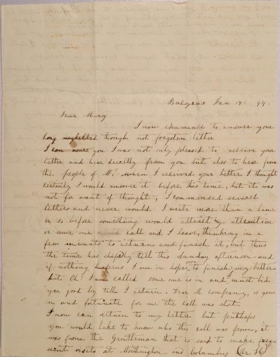Letter to Mary Johnson of Worthington, Ohio from Jane E. Rogers of Bucyrus, Ohio