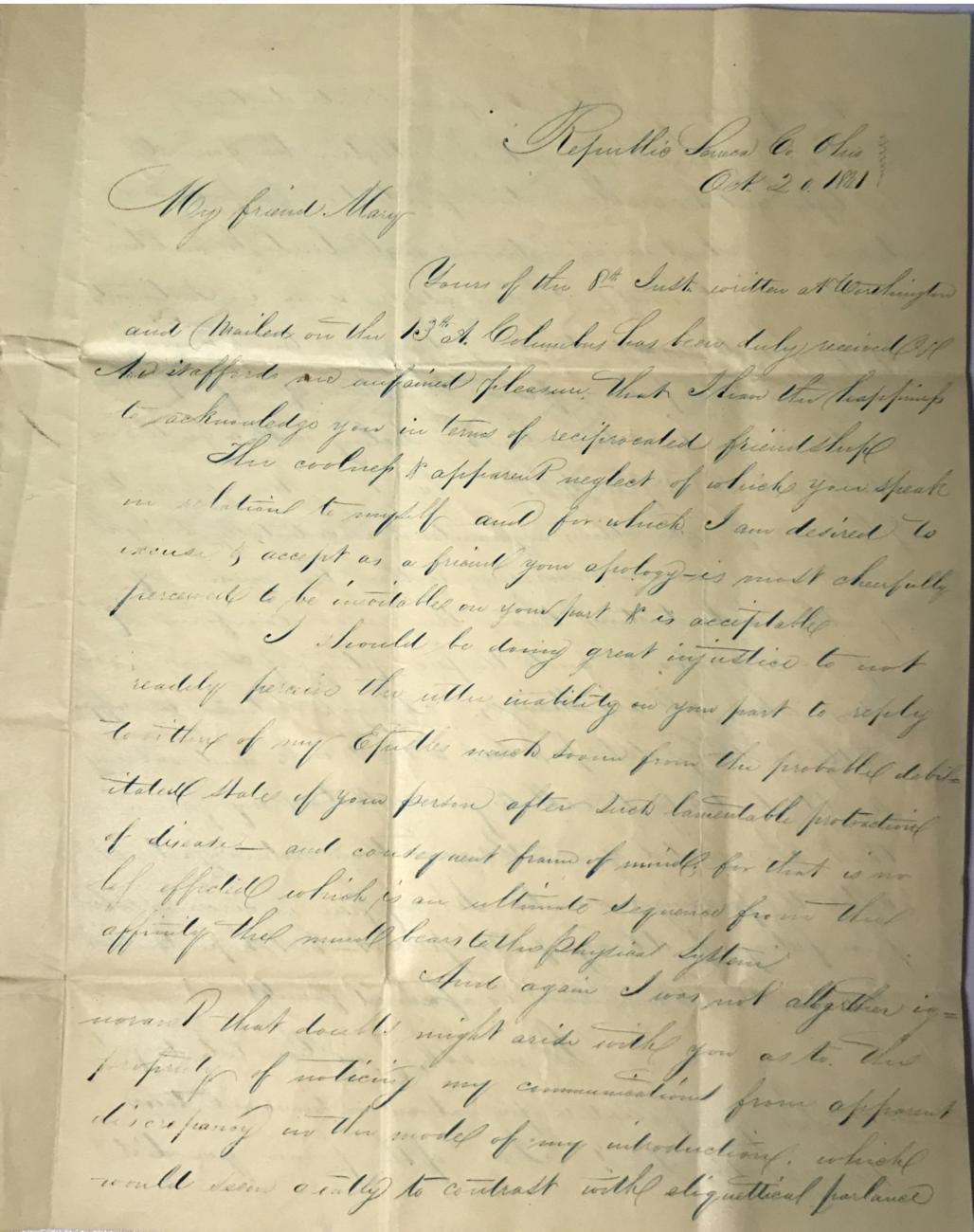Letter to Mary Johnson of Worthington, Ohio from Charles B. Stickney of Republic, Seneca County, Ohio