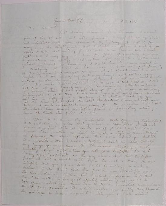 Letter to Mary Johnson of Worthington, Ohio from Leander Holmes of Fremont House, Chicago, Illinois
