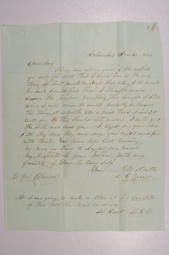 Letter to Mary Johnson of Worthington from C.A. Weaver of Columbus, Ohio