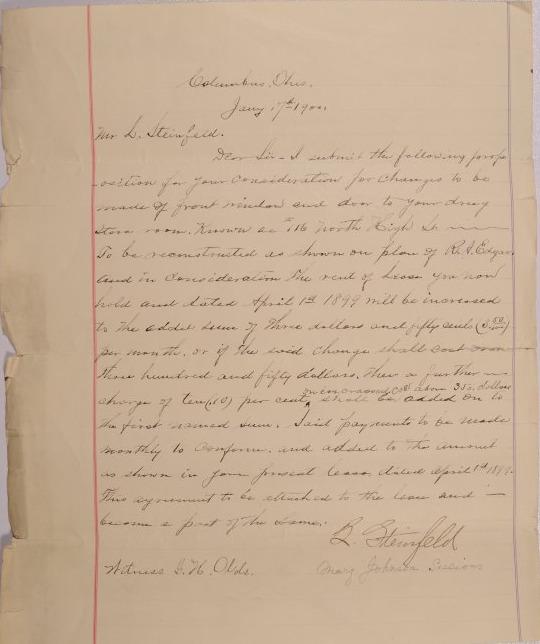 Letter to Mr. L. Steinfeld of Columbus, Ohio from B. Steinfeld (for Mary Johnson Sessions)
