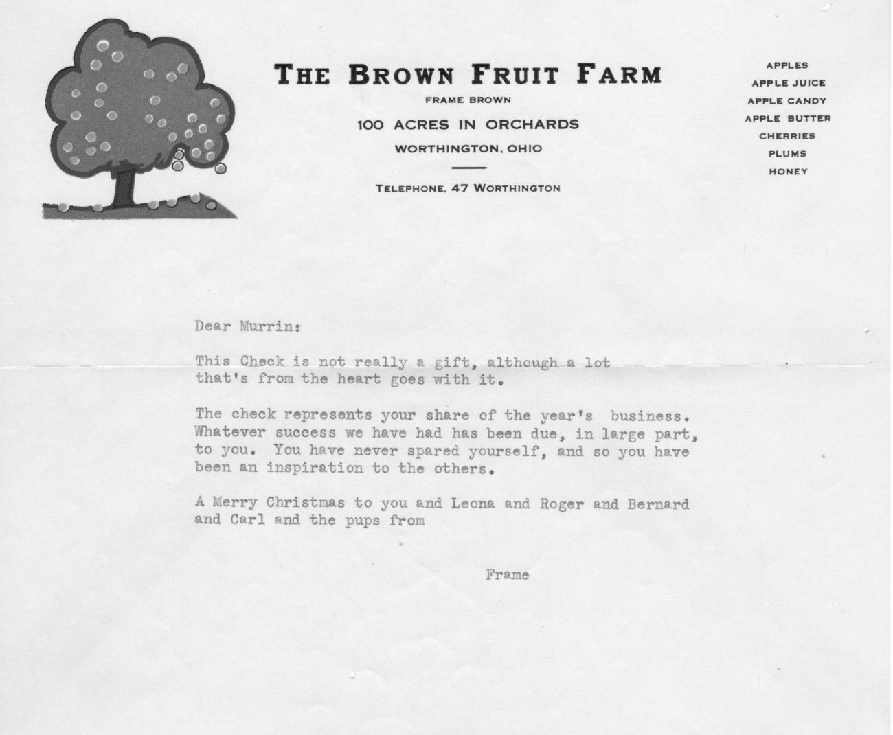 Letter to Murrin Cellar from Frame Brown