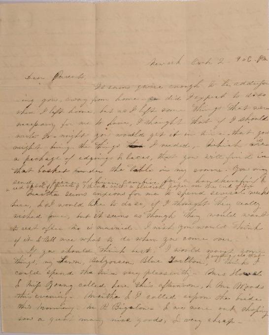 Letter to Orange and Achsa Johnson of Worthington, Ohio from Mary Johnson in Newark, Ohio
