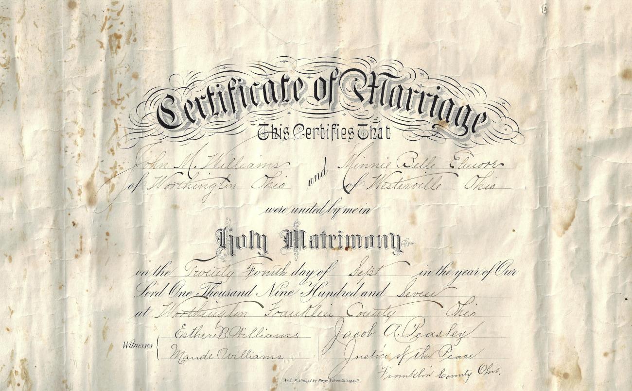 Marriage Certificate of John M. Williams and Minnie Bell Elmore
