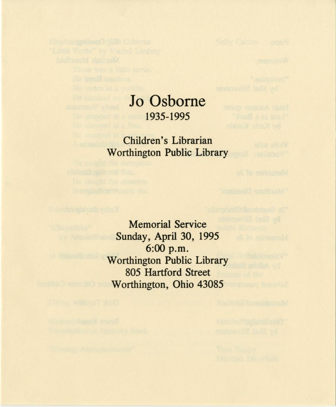 Memorial Service Program for Jo Osborne