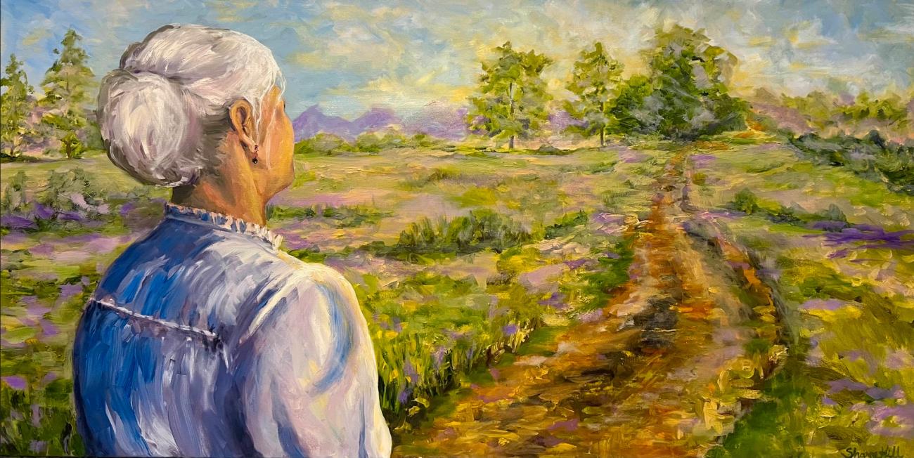 Color painting of an elderly white woman looking away from viewer at a rural trail