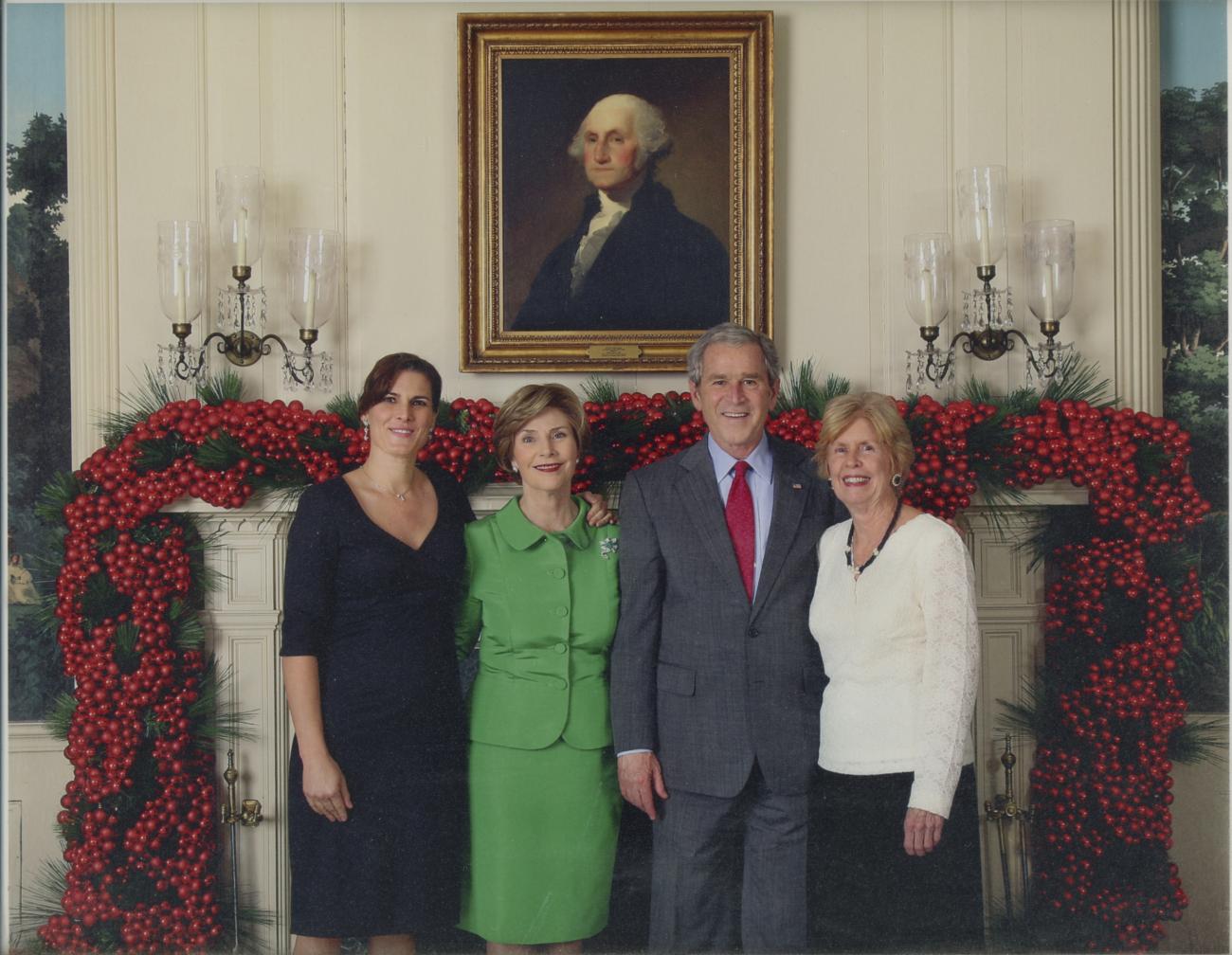 Photograph of Claire Shipman, First Lady Laura Bush, President George W. Bush and Jill Ensminger