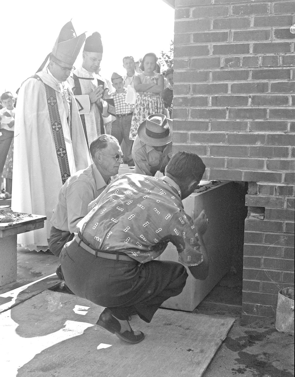 Photograph of Cornerstone and Time Capsule Installation at St. Michael's School, 1954