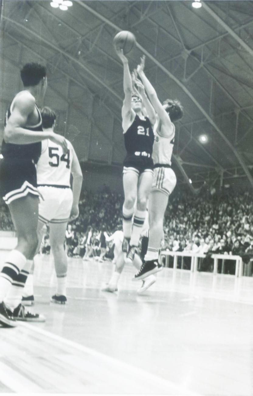 Photograph of John Snouffer and Julian Goode Playing Basketball for Worthington High School, 1970
