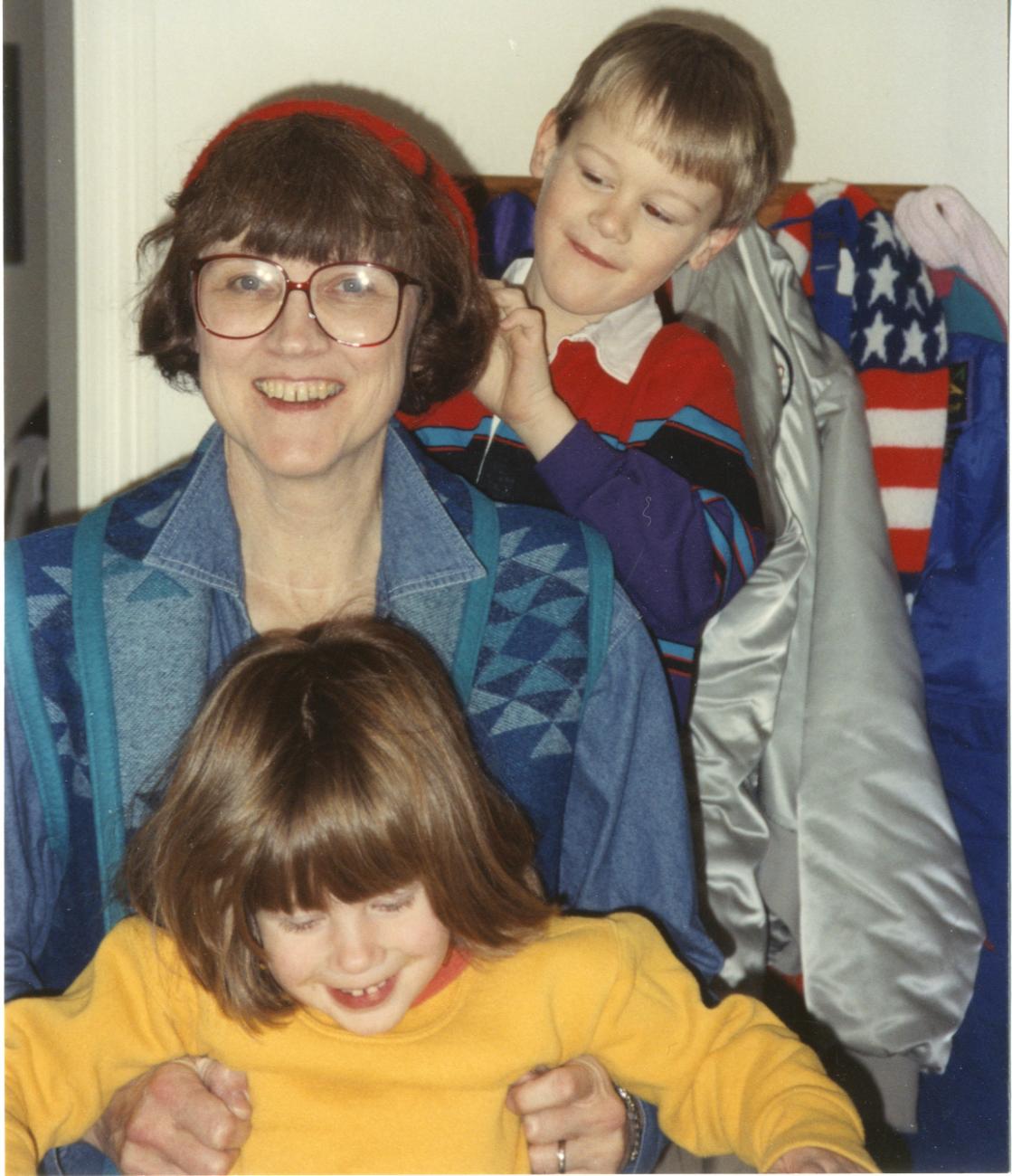 Photograph of Librarian Jo Osborne with Jake and Rachel Cuthbert