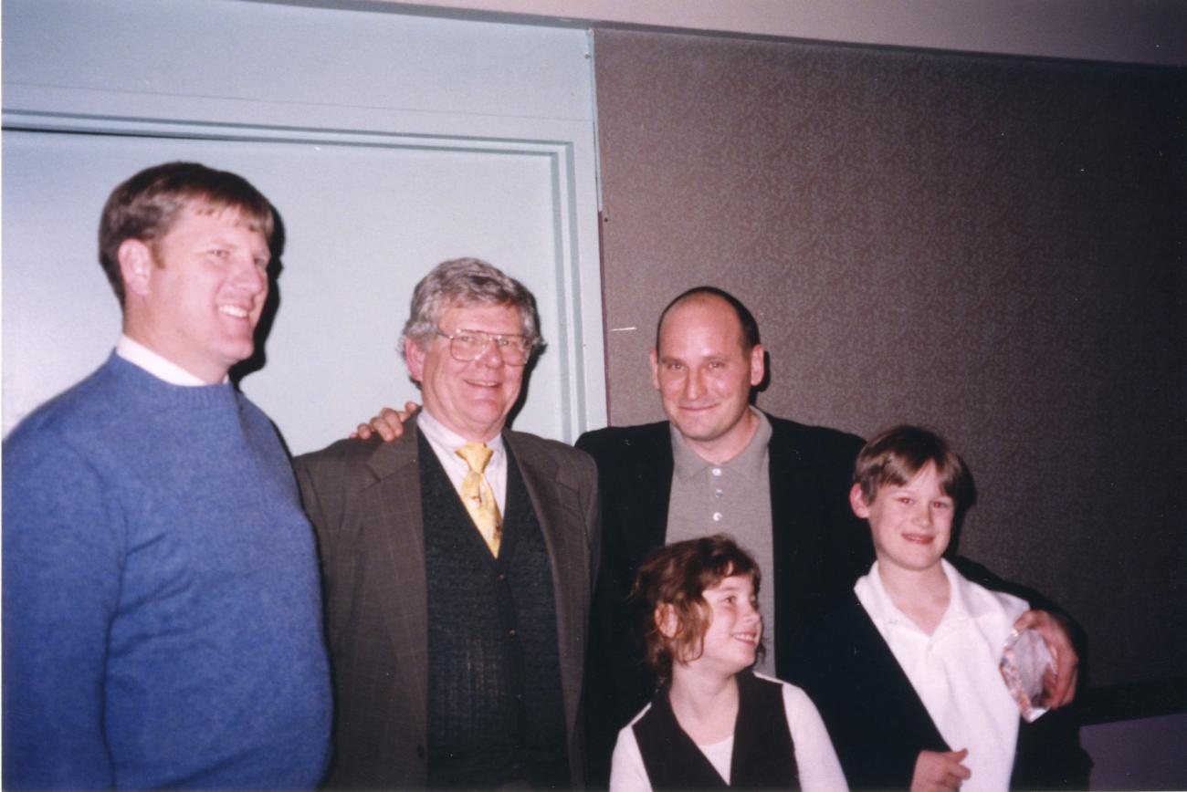 Photograph of Nathan Osborne, Alan Osborne,  Jon Scieszka, Rachel Cuthbert, and Jake Cuthbert
