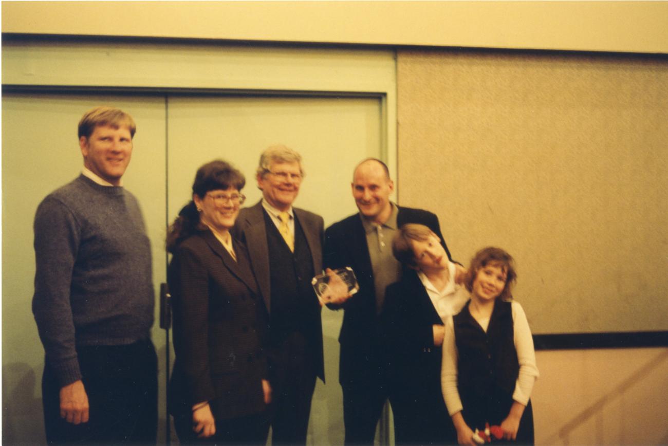 Photograph of Nathan Osborne, Cassie Cuthbert, Alan Osborne, Jon Scieszka, Jake Cuthbert and Rachel Cuthbert