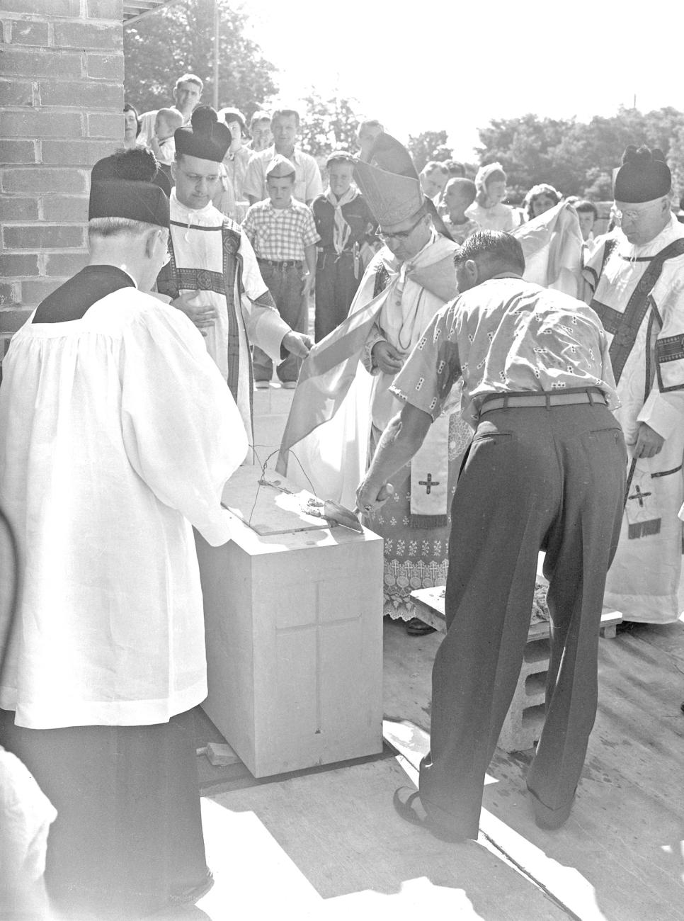Photograph of Sealing of Time Capsule and Cornerstone at St. Michael's School, 1954