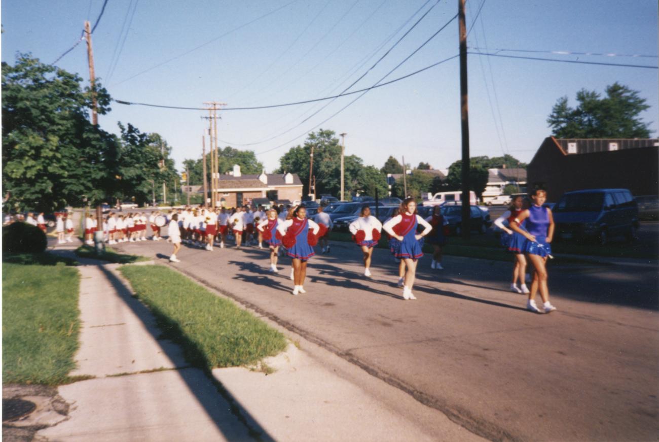 Photograph of Thomas Worthington High School Marching Band in Parade to Ribbon Cutting at Reopening of the Old Worthington Library