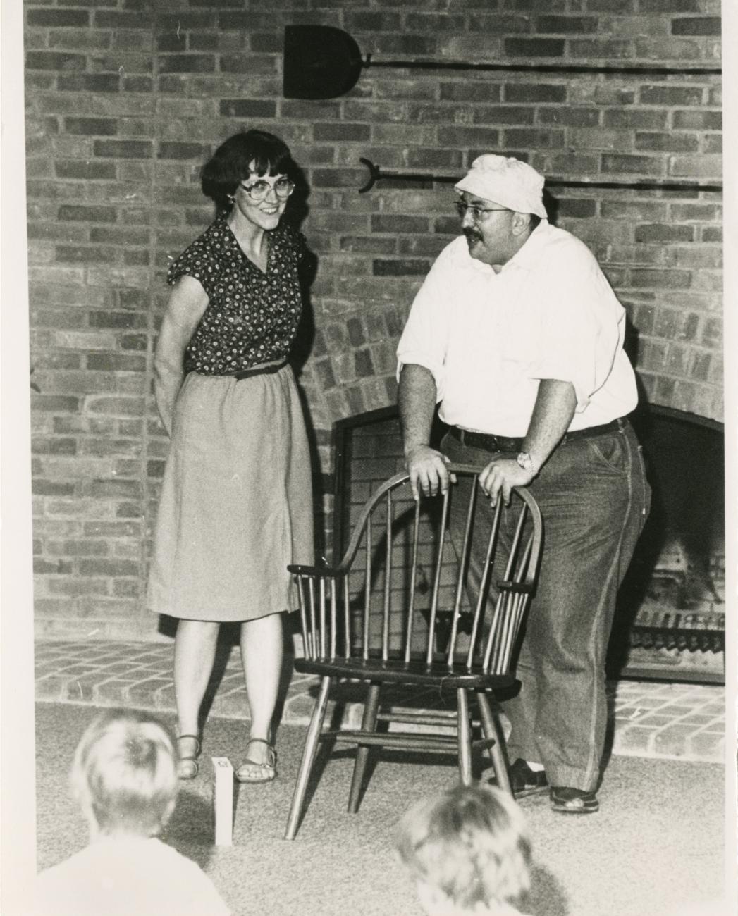 Photograph of librarian Jo Osborne and author Daniel Pinkwater at the Old Worthington Library