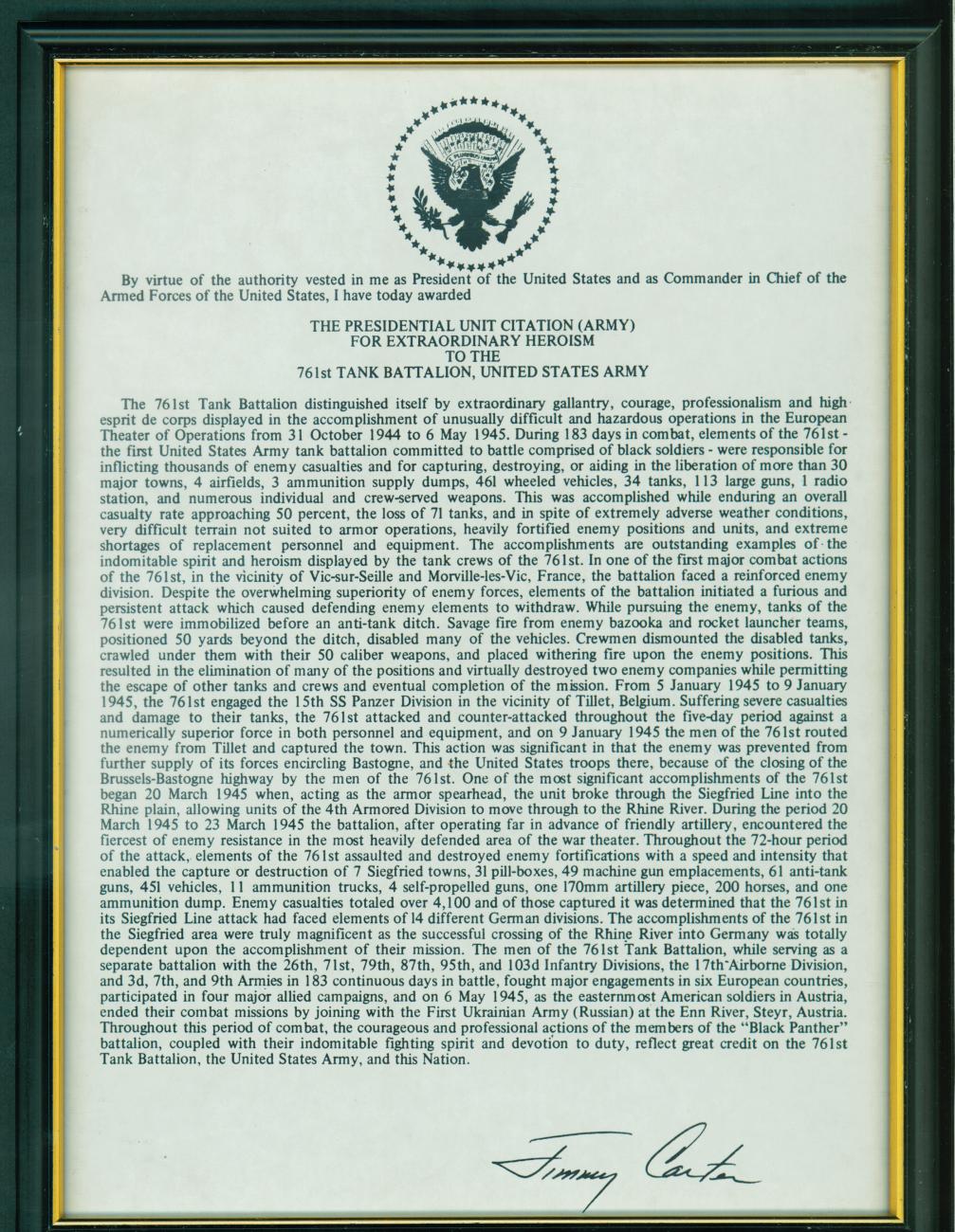 Presidential Unit Citation, 761st Tank Battalion