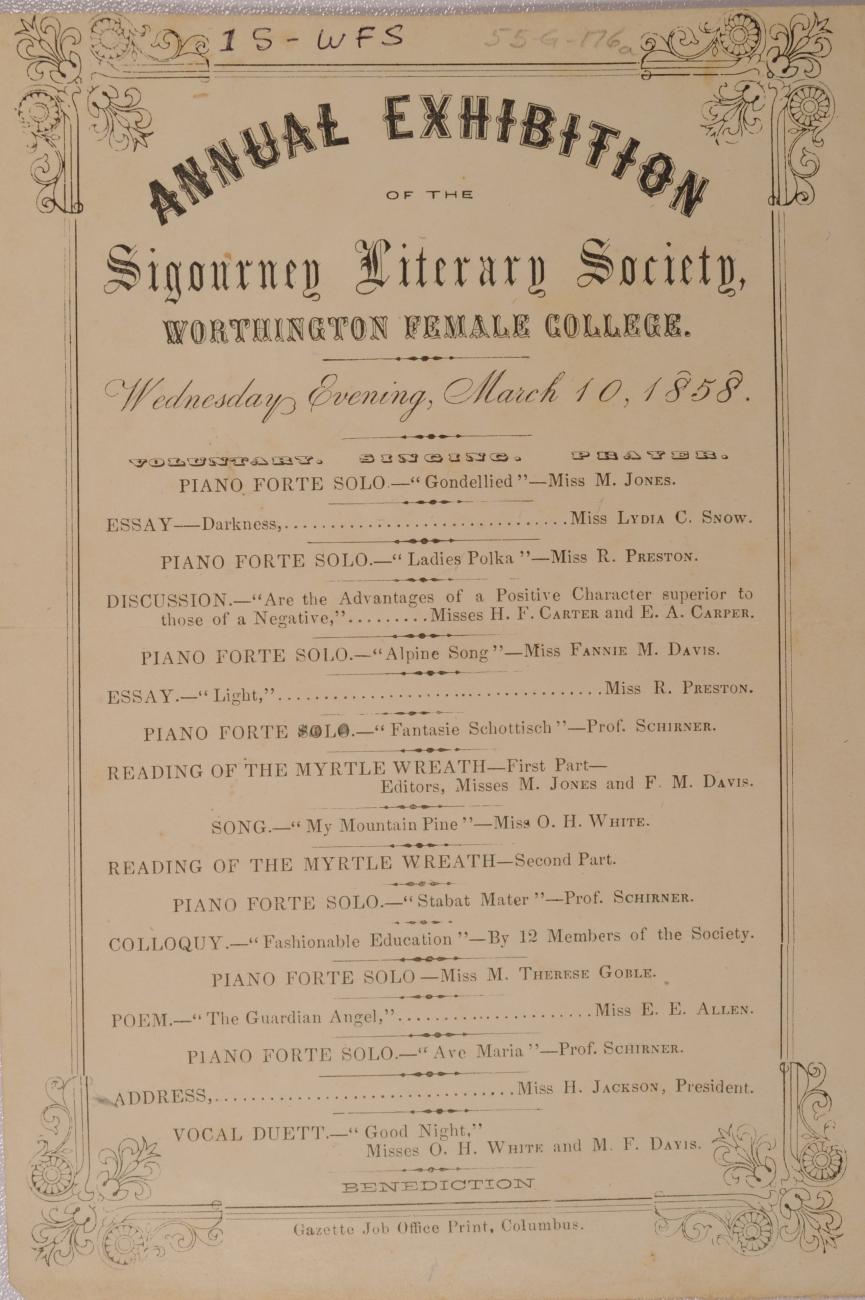 Program for Worthington Female College Annual Exhibition of the Sigourney Literary Society